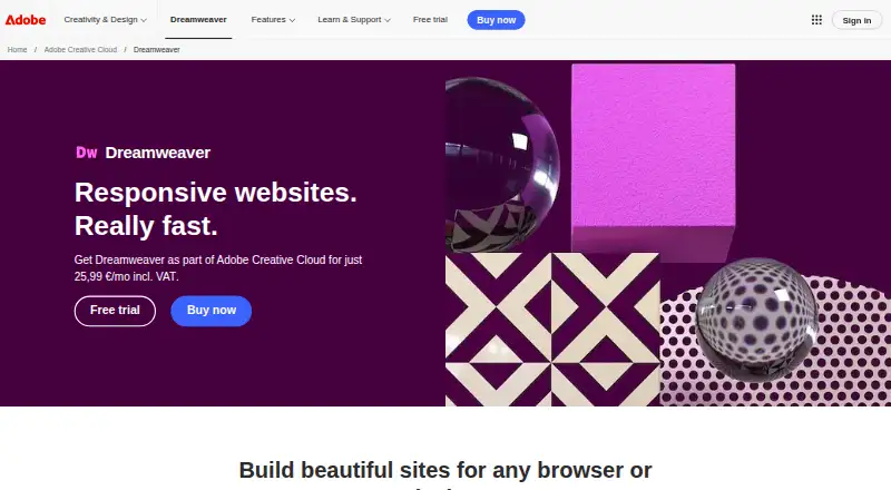Adobe Dreamweaver's own site