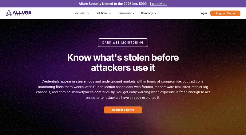 Allure Security Dark Web Monitoring's own site