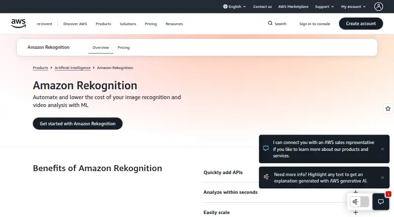 Amazon Rekognition Face Search's own site