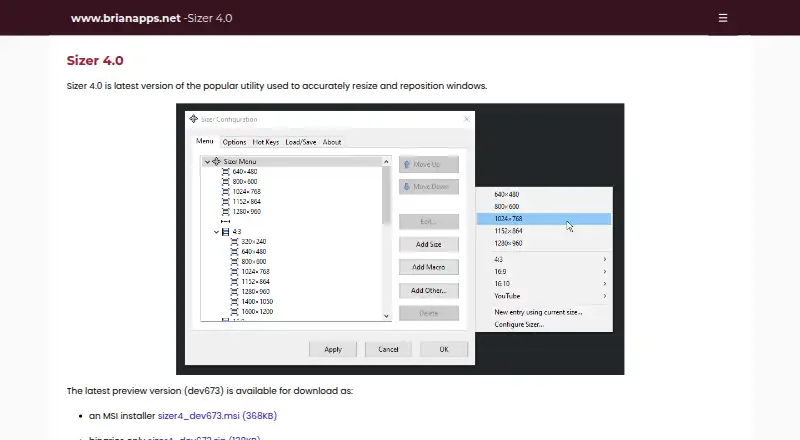 Sizer's own site