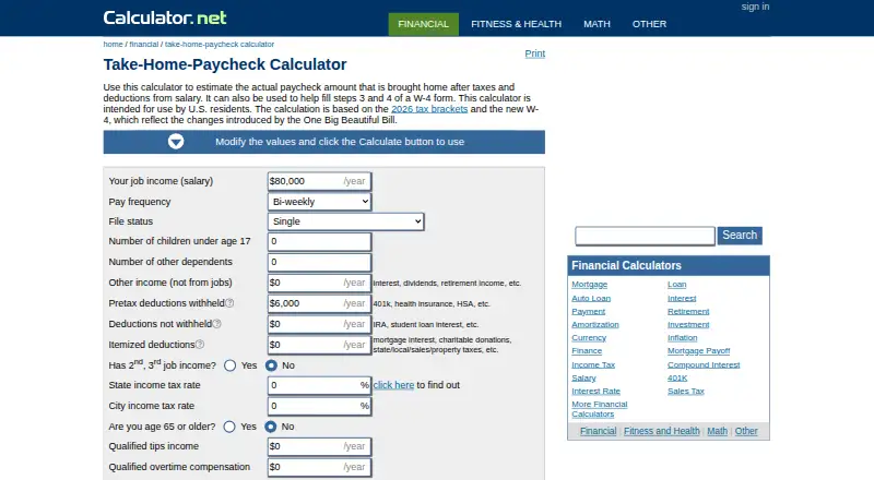 Take-Home-Paycheck Calculator's own site