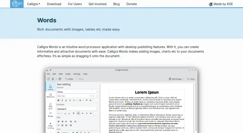 Calligra Words's own site