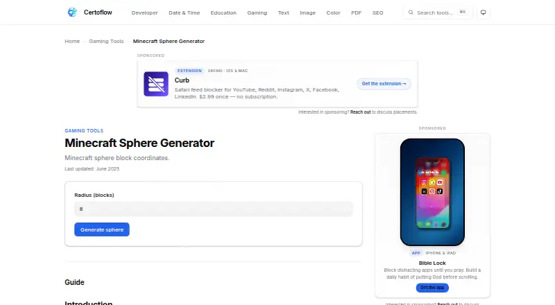Certoflow Minecraft Sphere Generator's own site