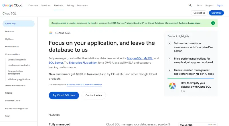 The Google Cloud SQL homepage