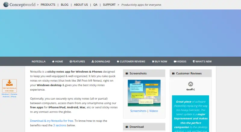 Notezilla's own site