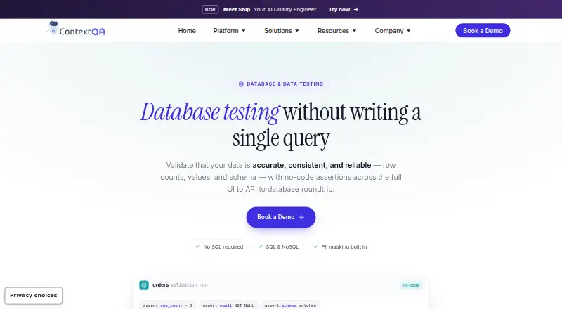 ContextQA Database Testing's own site