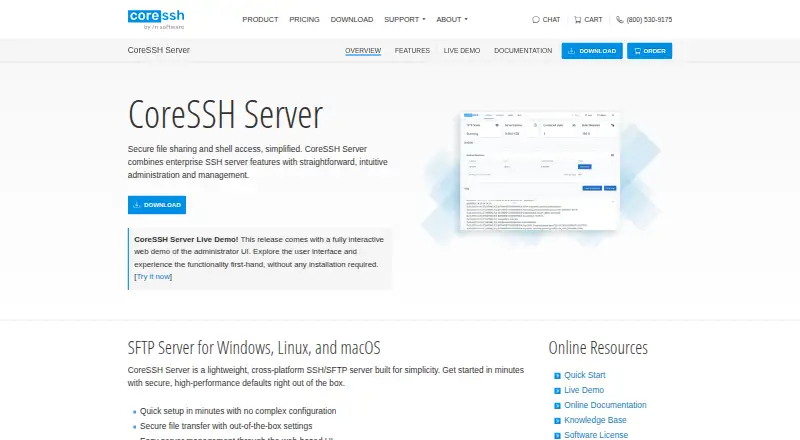 CoreSSH Server's own site