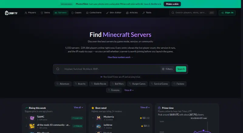 Crafty Minecraft Server List's own site