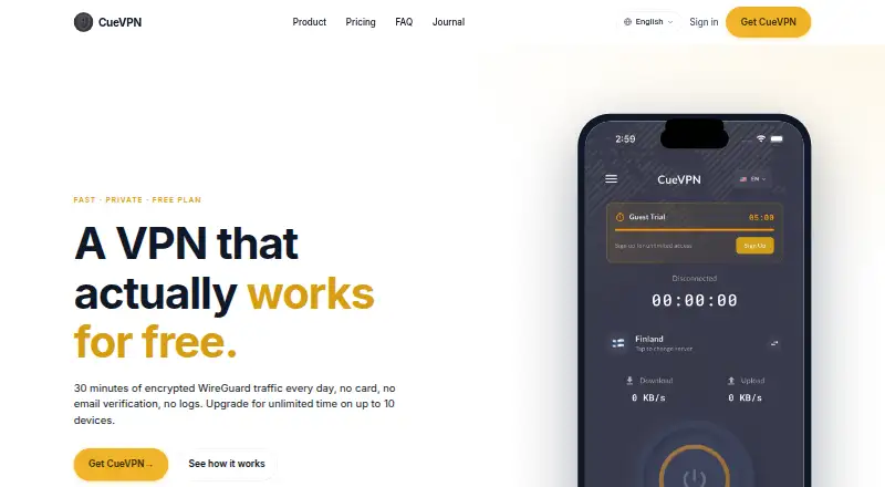 The CueVPN homepage