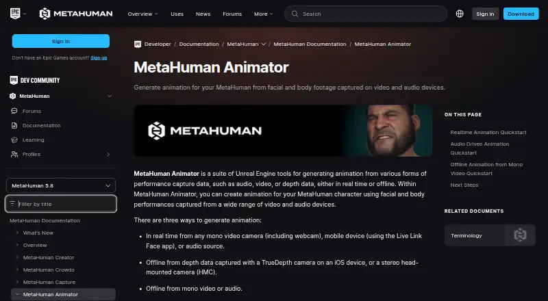 MetaHuman Animator's own site
