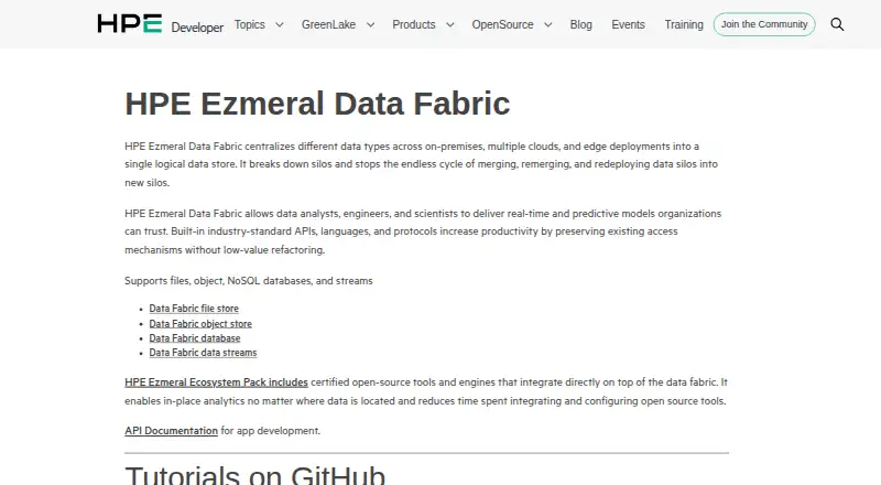 The HPE Ezmeral Data Fabric homepage