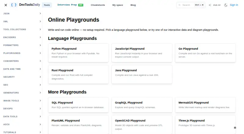 DevToolsDaily Playgrounds's own site