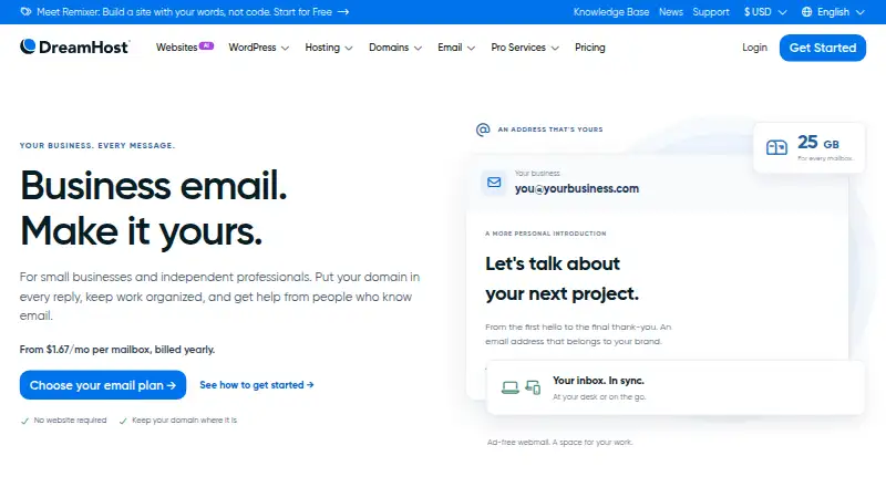 DreamHost Professional Email's own site
