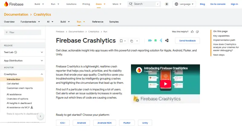 Firebase Crashlytics's own site