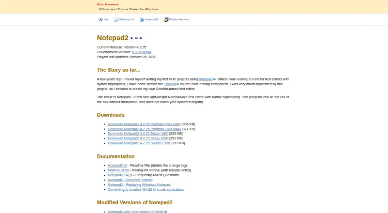 Notepad2's own site