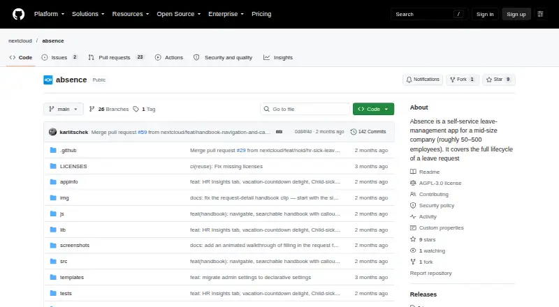 Nextcloud Absence's own site