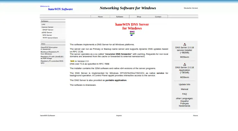 haneWIN DNS Server's own site