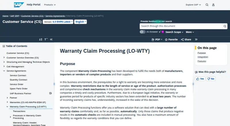 SAP Warranty Claim Processing's own site