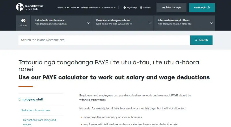 Inland Revenue PAYE Calculator's own site