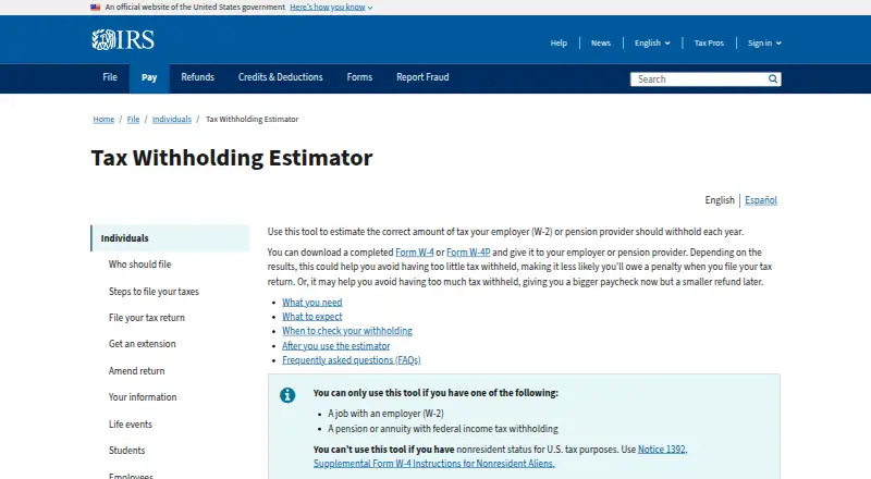 IRS Tax Withholding Estimator's own site