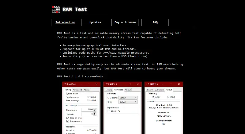 Karhu RAM Test's own site