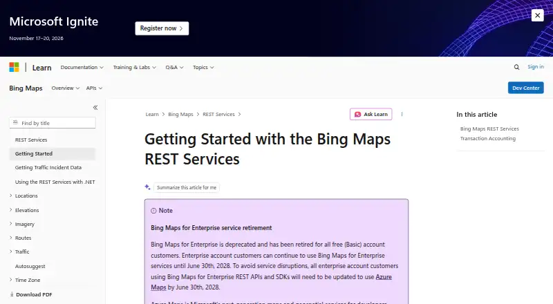 Bing Maps API's own site