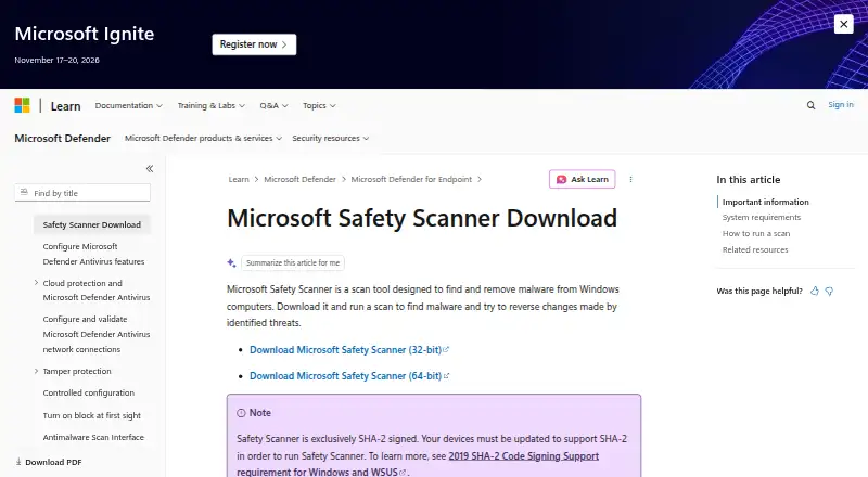 Microsoft Safety Scanner's own site