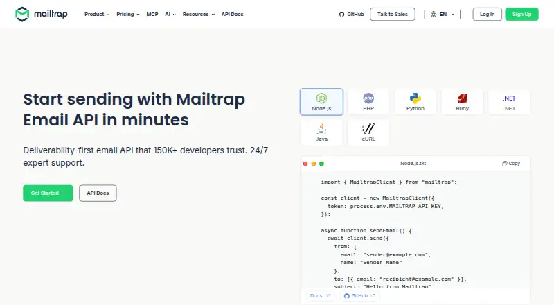Mailtrap Email Sending's own site