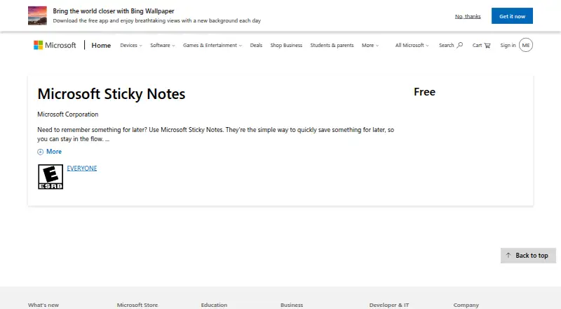 Microsoft Sticky Notes's own site