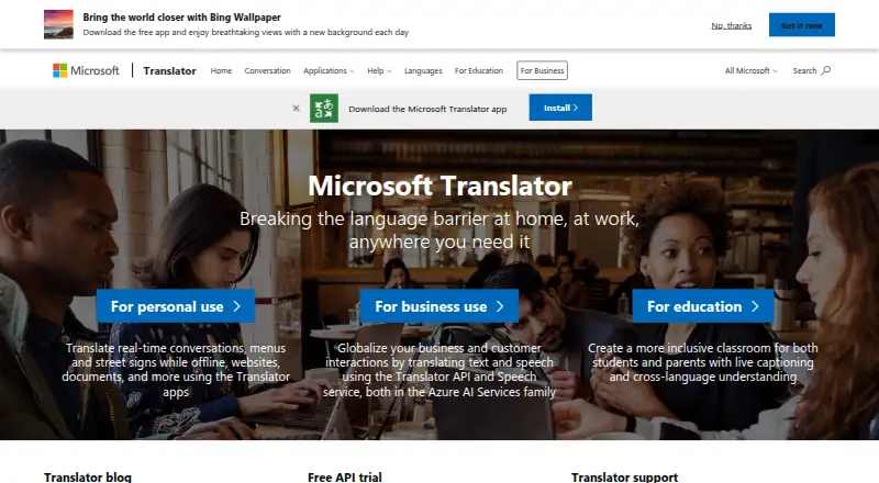 Microsoft Translator's own site