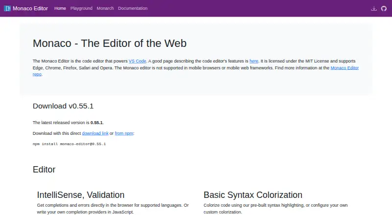 Monaco Editor's own site