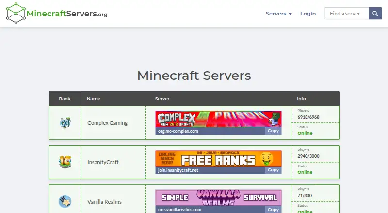 MinecraftServers.org's own site