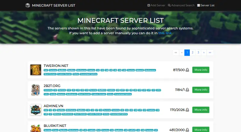 Minecraft Servers List's own site