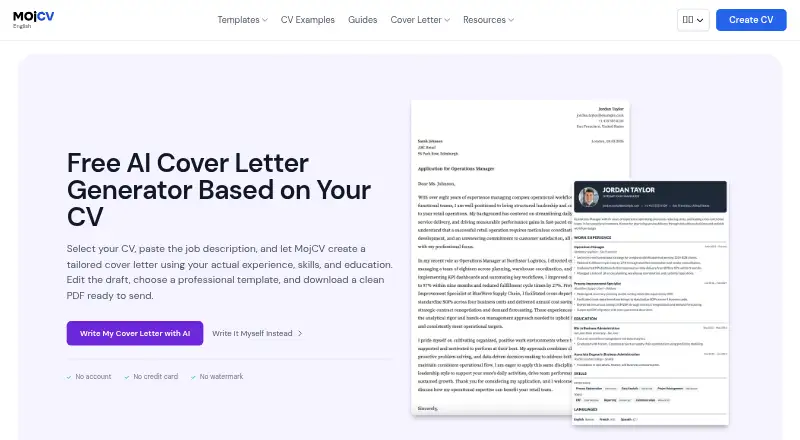MojCV AI Cover Letter Writer's own site