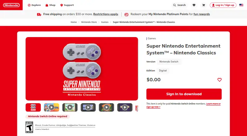 Super Nintendo Entertainment System – Nintendo Classics's own site
