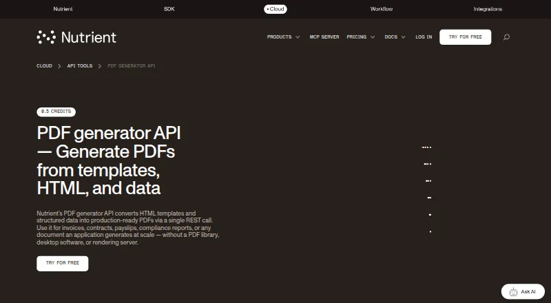 Nutrient PDF Generator API's own site