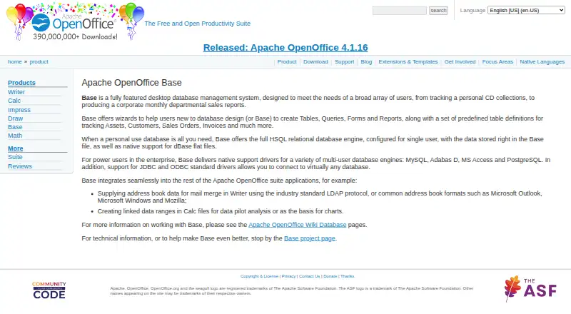Apache OpenOffice Base's own site