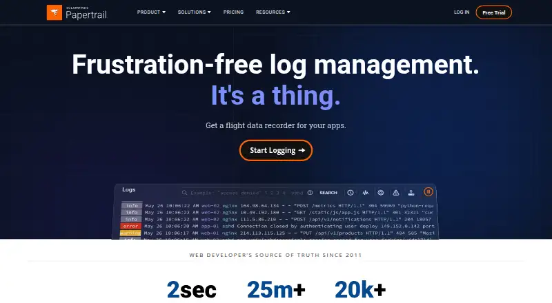 SolarWinds Papertrail's own site