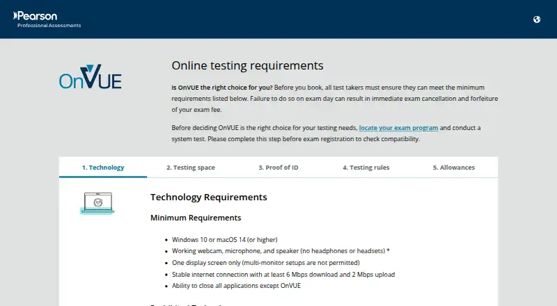 Pearson OnVUE's own site