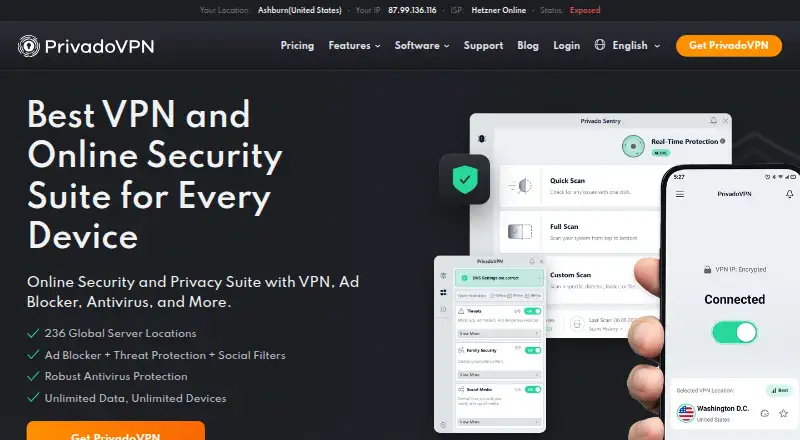 The PrivadoVPN homepage