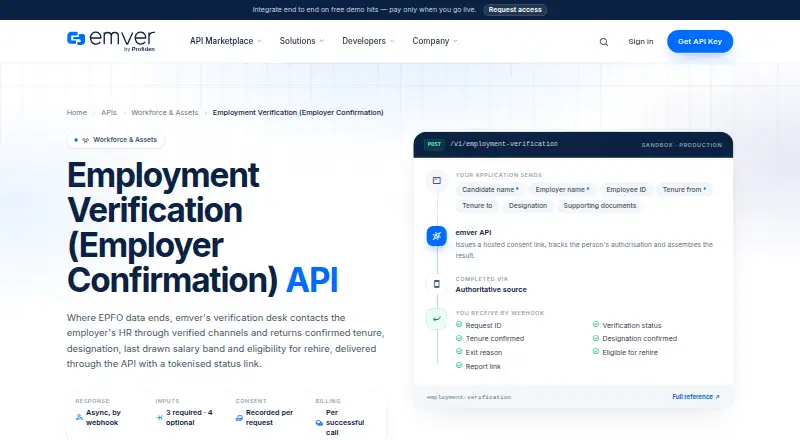 Profiden Employment Verification API's own site
