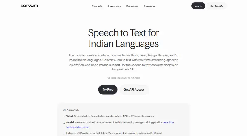 Sarvam AI Speech to Text's own site