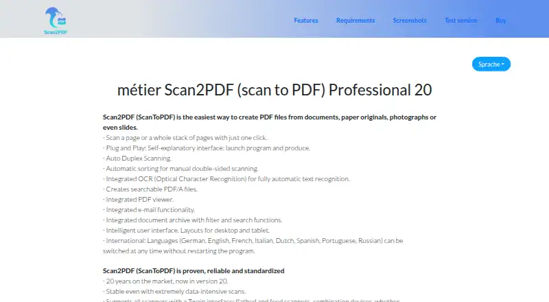 Scan2PDF Professional 20's own site