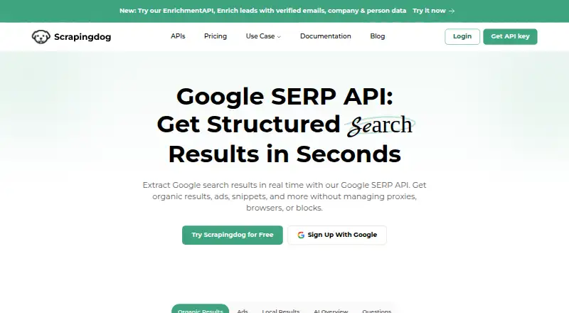 Scrapingdog Google Search API's own site