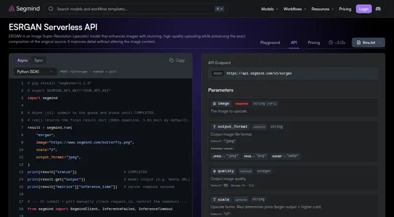 Segmind ESRGAN API's own site