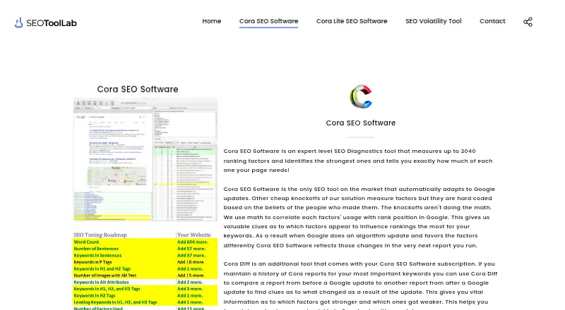 Cora SEO Software's own site