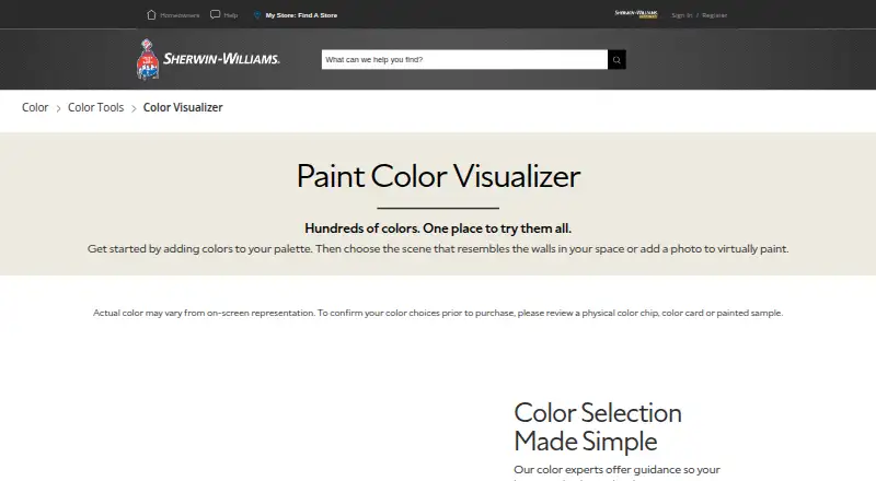 Sherwin-Williams ColorSnap Visualizer's own site
