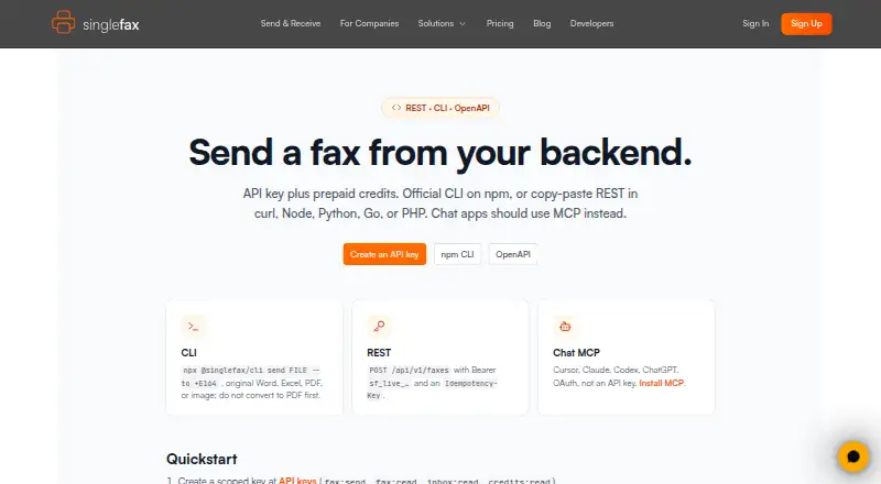 SingleFax API's own site