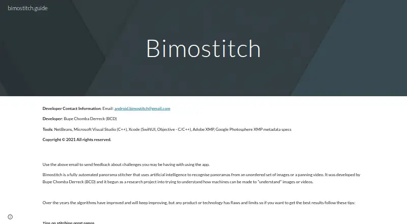 Bimostitch Panorama Stitcher's own site