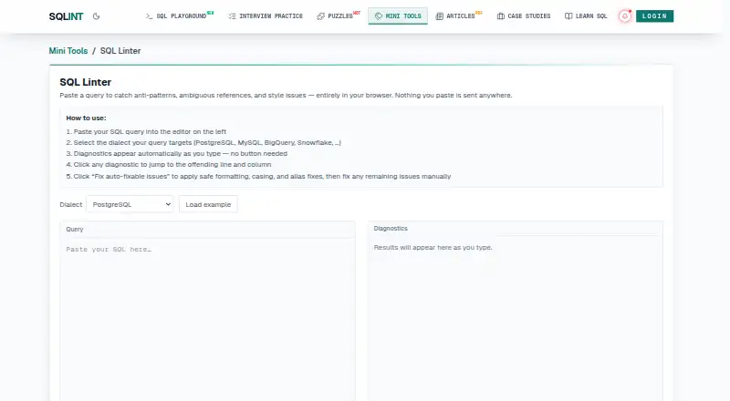 SQL Linter by SqlInt's own site
